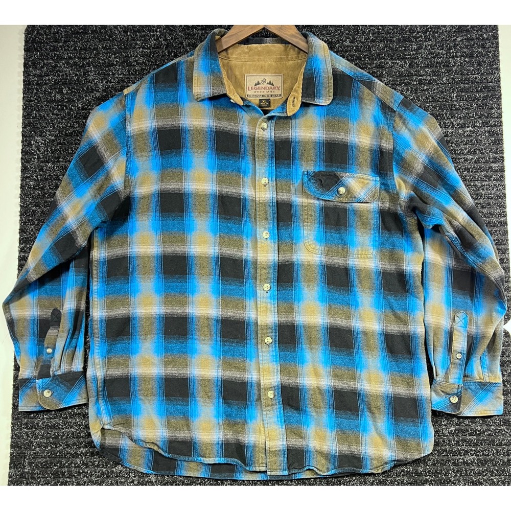 Legendary Whitetails Flannel Shirt Plaid Corduroy Trim Blue Black Long Sleeve XL